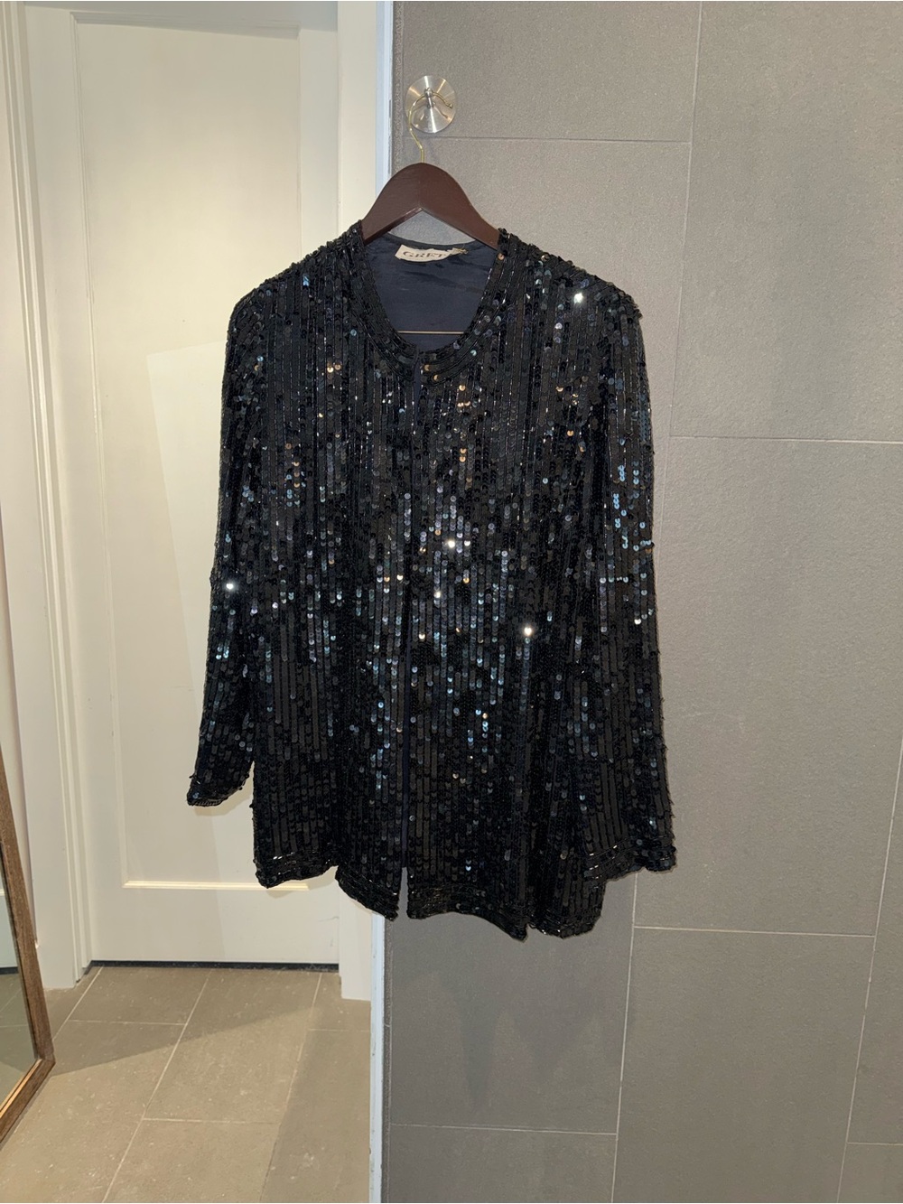 Vintage GRETA Beverly Hills Black Silk Sequin Beaded Evening Jacket L/XL